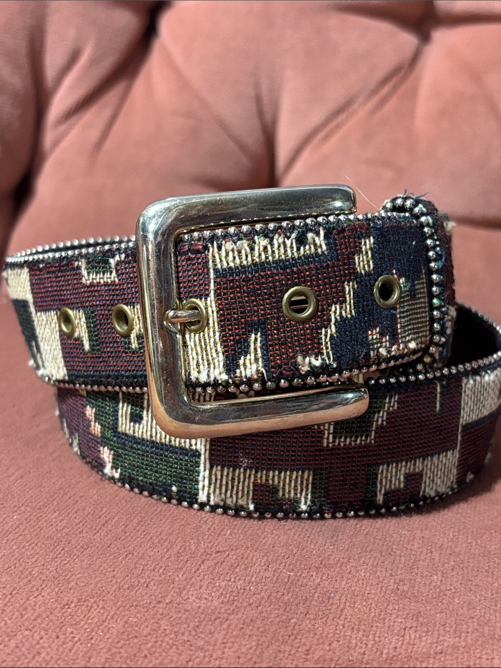 Vintage tapestry Patterned Fabric Belt abstract print neutral statement belt